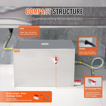 VEVOR Commercial Grease Trap, 40 LBS Grease Interceptor, Side Inlet Interceptor,