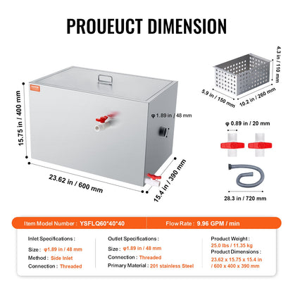 VEVOR Commercial Grease Trap, 40 LBS Grease Interceptor, Side Inlet Interceptor,