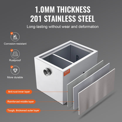 Stainless Steel Grease Trap, 4.4 kg, 2.8 GPM, Side Inlet, for Kitchen Use