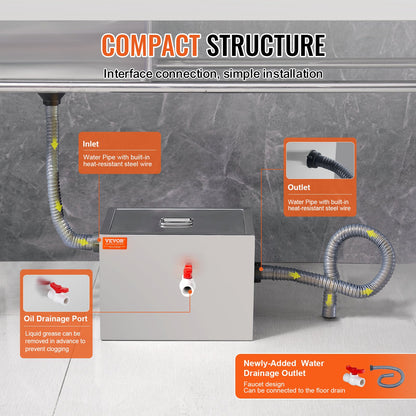 VEVOR Commercial Grease Trap, 8 LBS Grease Interceptor, Side Inlet Interceptor,