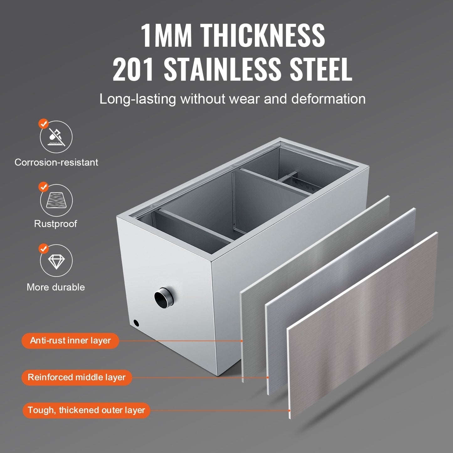 Commercial Stainless Steel Grease Trap, 11.3 kg, 6.4 GPM, Efficient Oil Separator