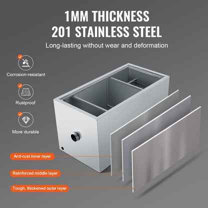 Commercial Stainless Steel Grease Trap, 11.3 kg, 6.4 GPM, Efficient Oil Separator