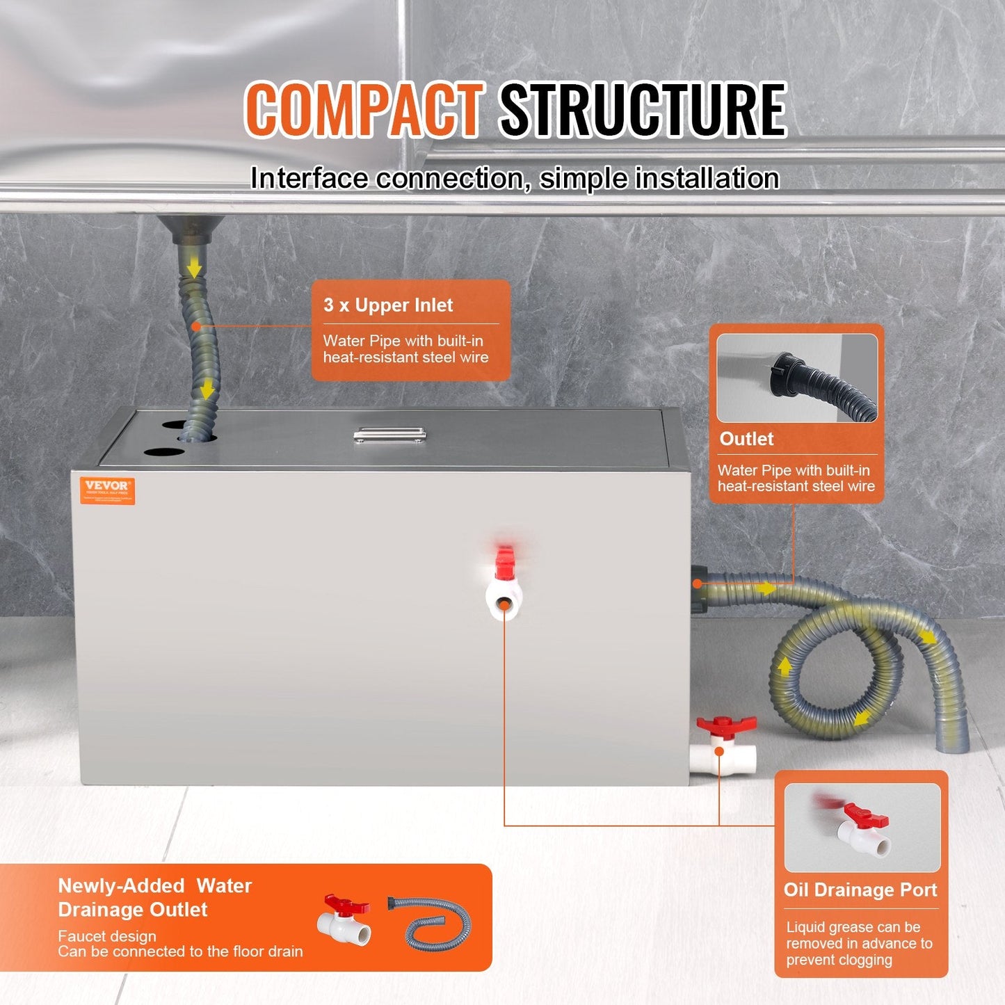 Commercial Stainless Steel Grease Trap, 11.3 kg, 6.4 GPM, Efficient Oil Separator