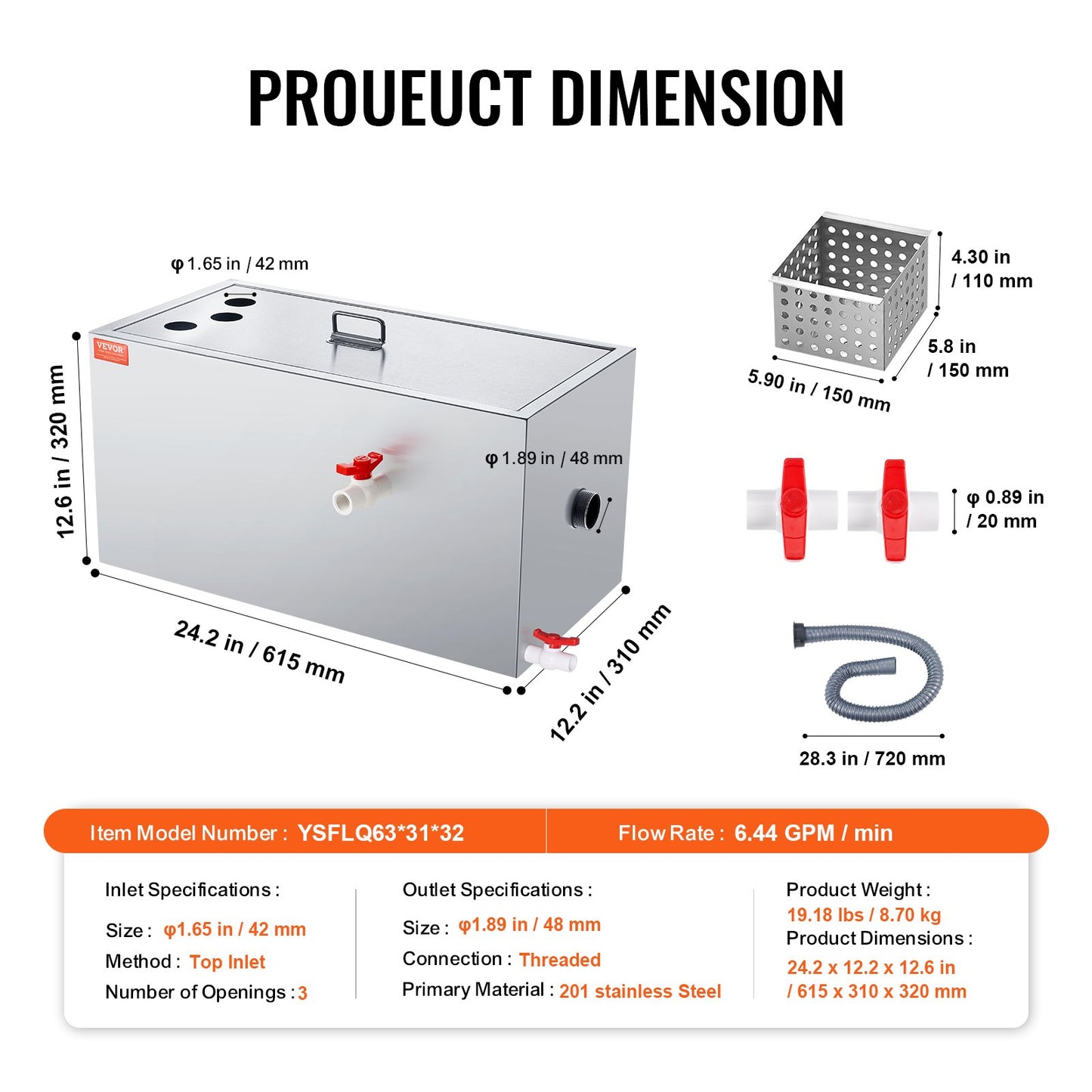 VEVOR Commercial Grease Trap, 25 LBS Grease Interceptor, Top Inlet Interceptor,