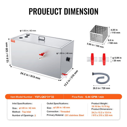 Commercial Stainless Steel Grease Trap, 11.3 kg, 6.4 GPM, Efficient Oil Separator