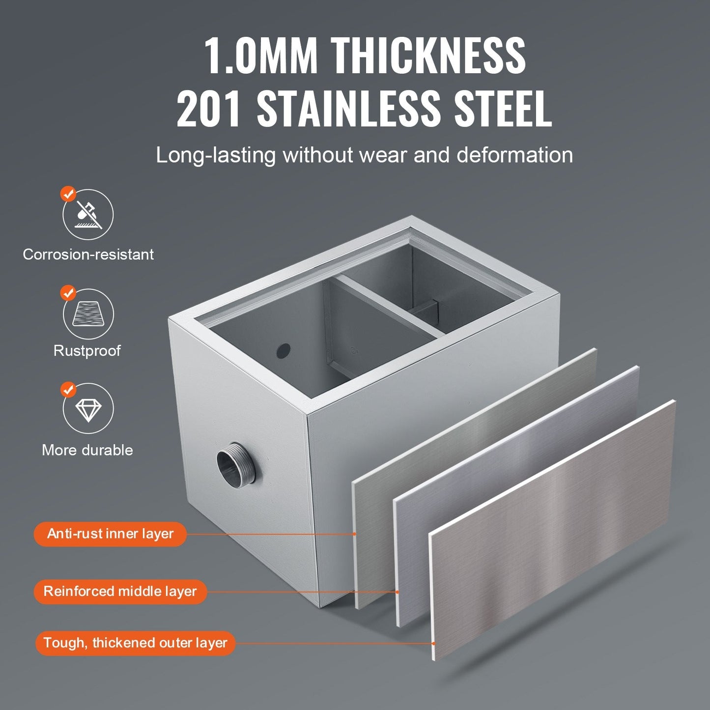 Stainless Steel Grease Trap, 4 kg, Top Inlet, Under Sink, 2.8 GPM Separator