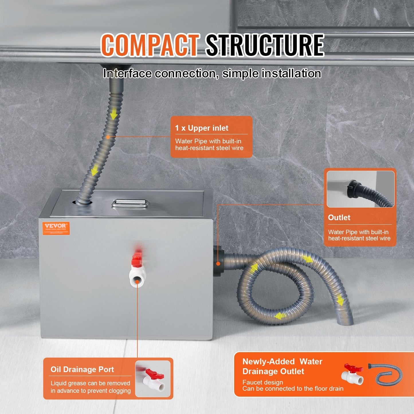 Stainless Steel Grease Trap, 4 kg, Top Inlet, Under Sink, 2.8 GPM Separator