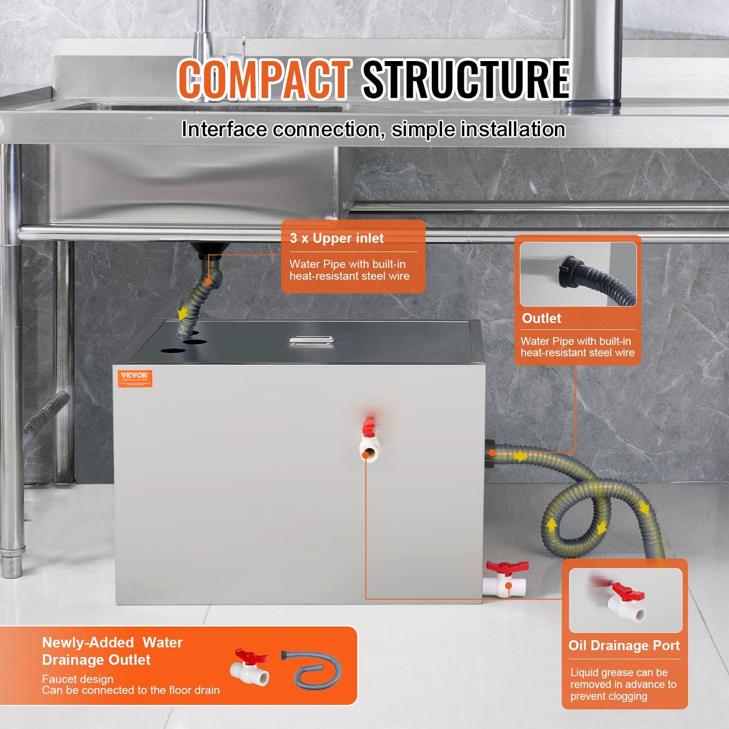 VEVOR Commercial Grease Trap, 40 LBS Grease Interceptor, Top Inlet Interceptor,
