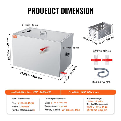 Commercial Stainless Steel Grease Trap, 18kg Oil Separator, 600x400x390 mm