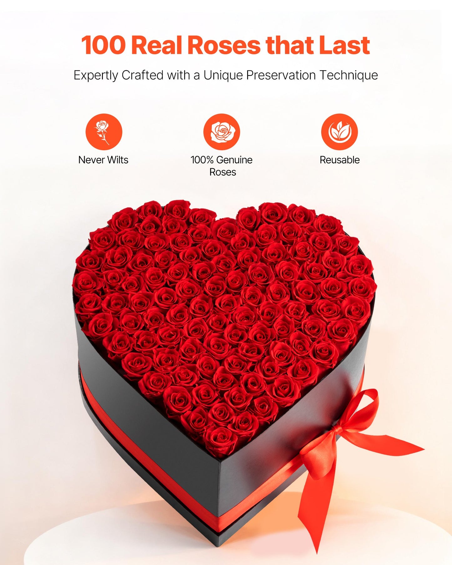 Forever Flowers, 100 Preserved Roses in a Heart Shape Box, Eternal Flowers Immortal Bouquet Birthday Present for Women Her Wife Mothers, Anniversary, Valentine's Day,Christmas, Red