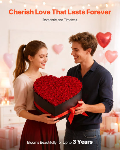 Forever Flowers, 100 Preserved Roses in a Heart Shape Box, Eternal Flowers Immortal Bouquet Birthday Present for Women Her Wife Mothers, Anniversary, Valentine's Day,Christmas, Red