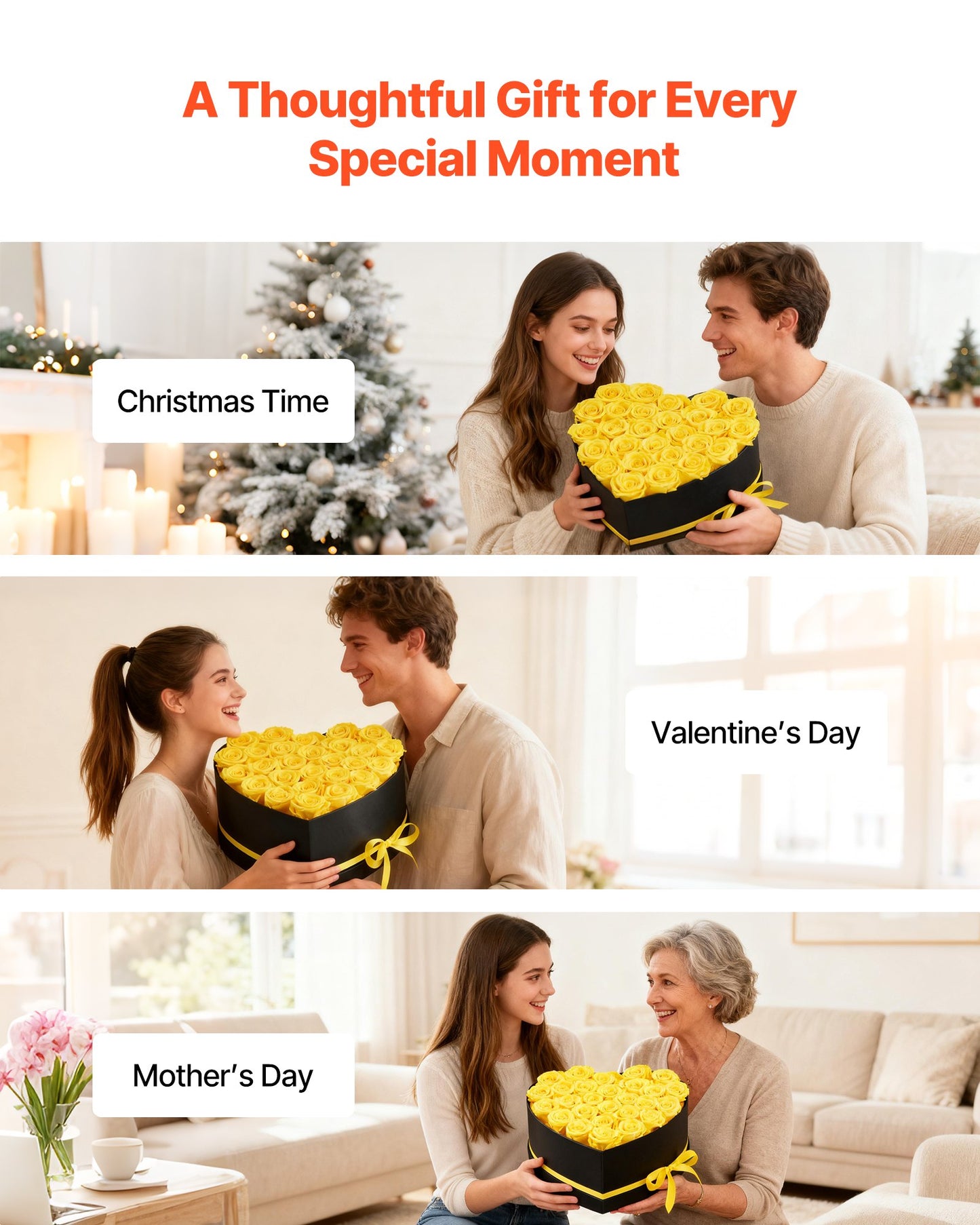 Forever Flowers, 27 Preserved Roses in a Heart Shape Box, Eternal Flowers Immortal Bouquet Birthday Present for Women Her Wife Mothers, Anniversary, Valentine's Day,Christmas, Yellow