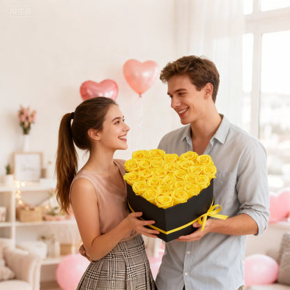 Forever Flowers, 27 Preserved Roses in a Heart Shape Box, Eternal Flowers Immortal Bouquet Birthday Present for Women Her Wife Mothers, Anniversary, Valentine's Day,Christmas, Yellow
