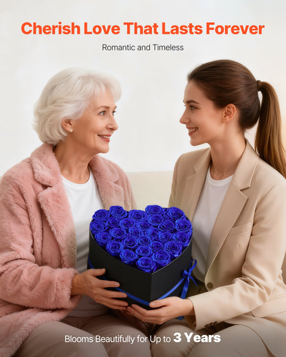 Forever Flowers, 27 Preserved Roses in a Heart Shape Box, Eternal Flowers Immortal Bouquet Birthday Present for Women Her Wife Mothers, Anniversary, Valentine's Day,Christmas, Royal Blue