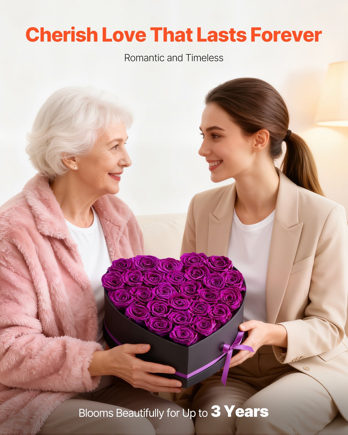 Forever Flowers, 27 Preserved Roses in Heart Shape Box, Eternal Flowers Immortal Bouquet Birthday Present for Women Her Wife Mothers, Anniversary, Valentine's Day,Christmas, Purple
