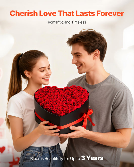 Forever Flowers, 50 Preserved Roses in a Heart Shape Box, Eternal Flowers Immortal Bouquet Birthday Present for Delivery Prime Women Her Wife Mothers, Anniversary, Valentine's Day,Christmas, Red
