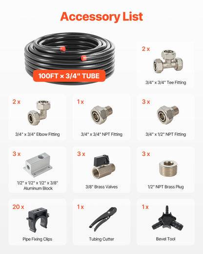 VEVOR Air Compressor Line Kit 3/4'' x 100FT PU Air Compressor Line System Black