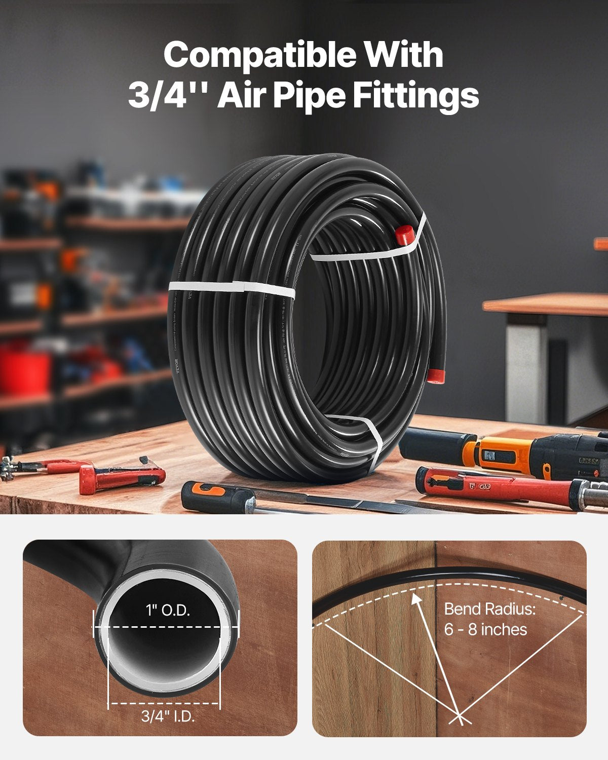 VEVOR Air Compressor Line Kit 3/4'' x 100FT PU Air Compressor Line System Black