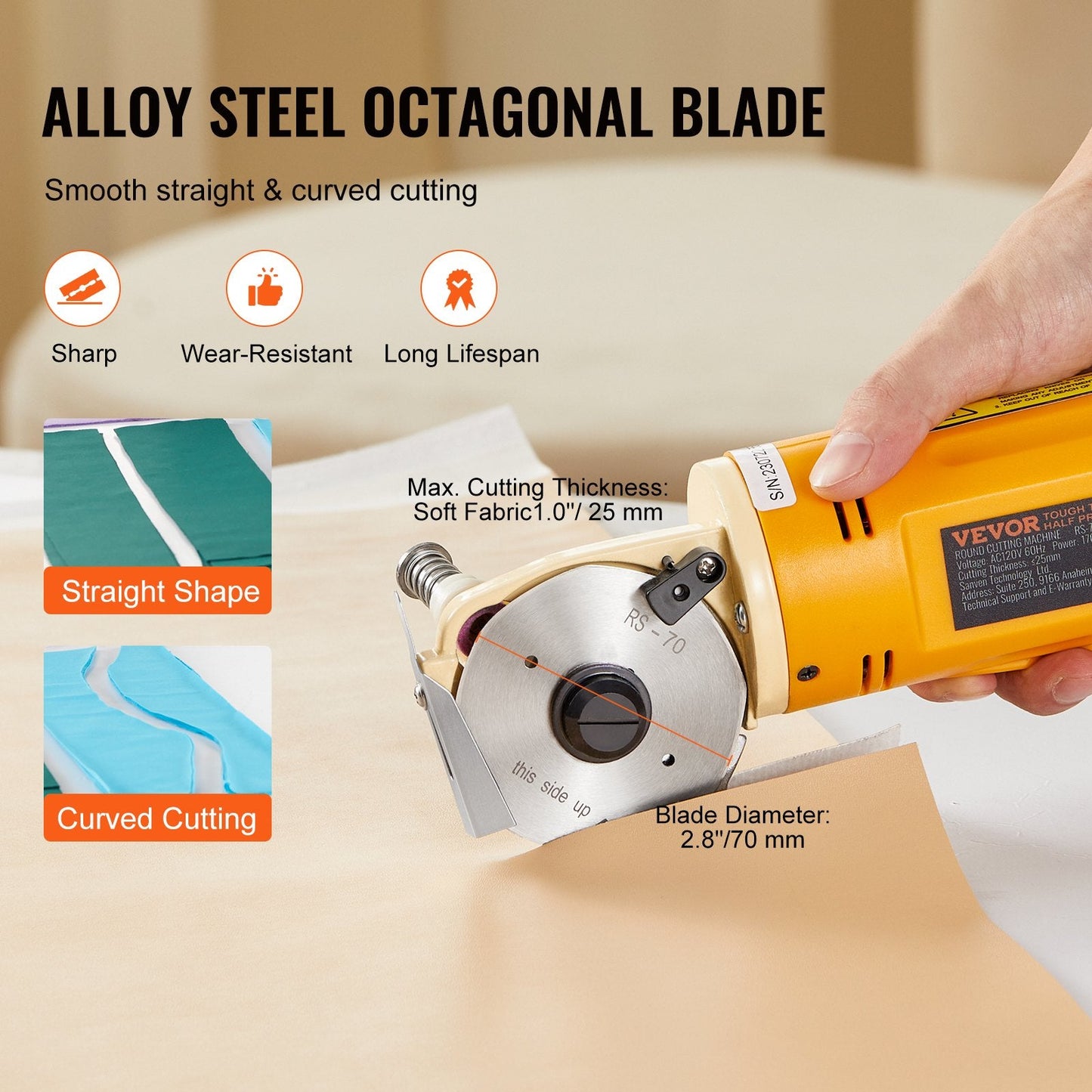 Electric Rotary Fabric Cutter, 170W, 25mm Cutting Thickness, Multi-Layer Use