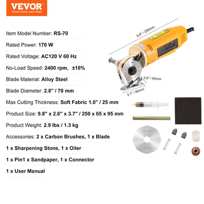 VEVOR Fabric Cutter, 170W Electric Rotary Fabric Cutting Machine, 1" Cutting Thickness,