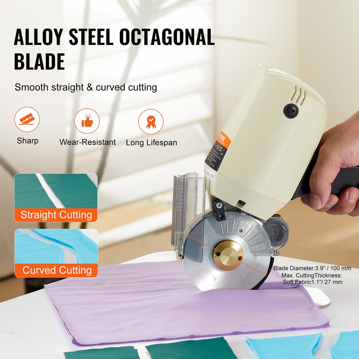 Electric Rotary Fabric Cutter, 250W, 27mm Cutting Thickness, Alloy Steel Blade