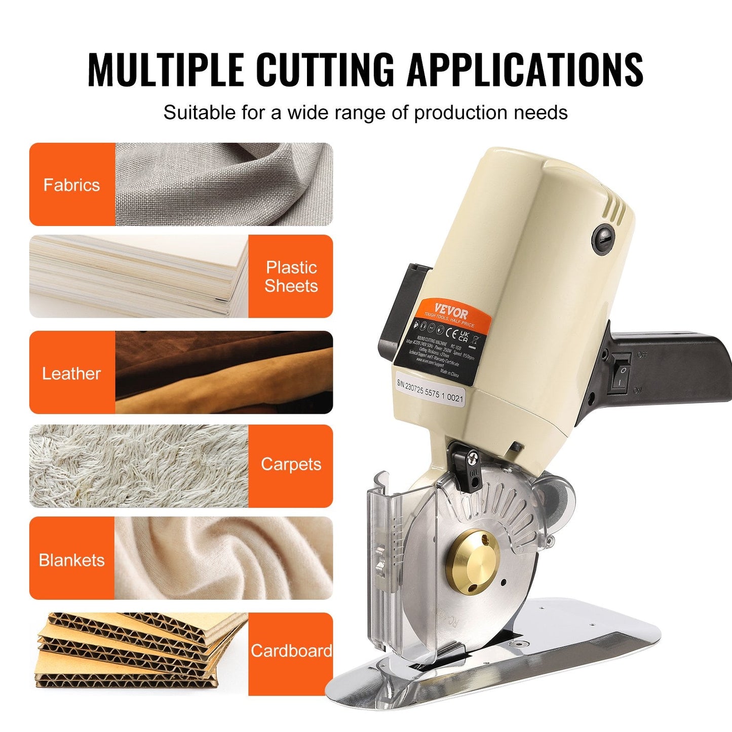 Electric Rotary Fabric Cutter, 250W, 27mm Cutting Thickness, Alloy Steel Blade
