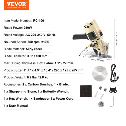 Electric Rotary Fabric Cutter, 250W, 27mm Cutting Thickness, Alloy Steel Blade