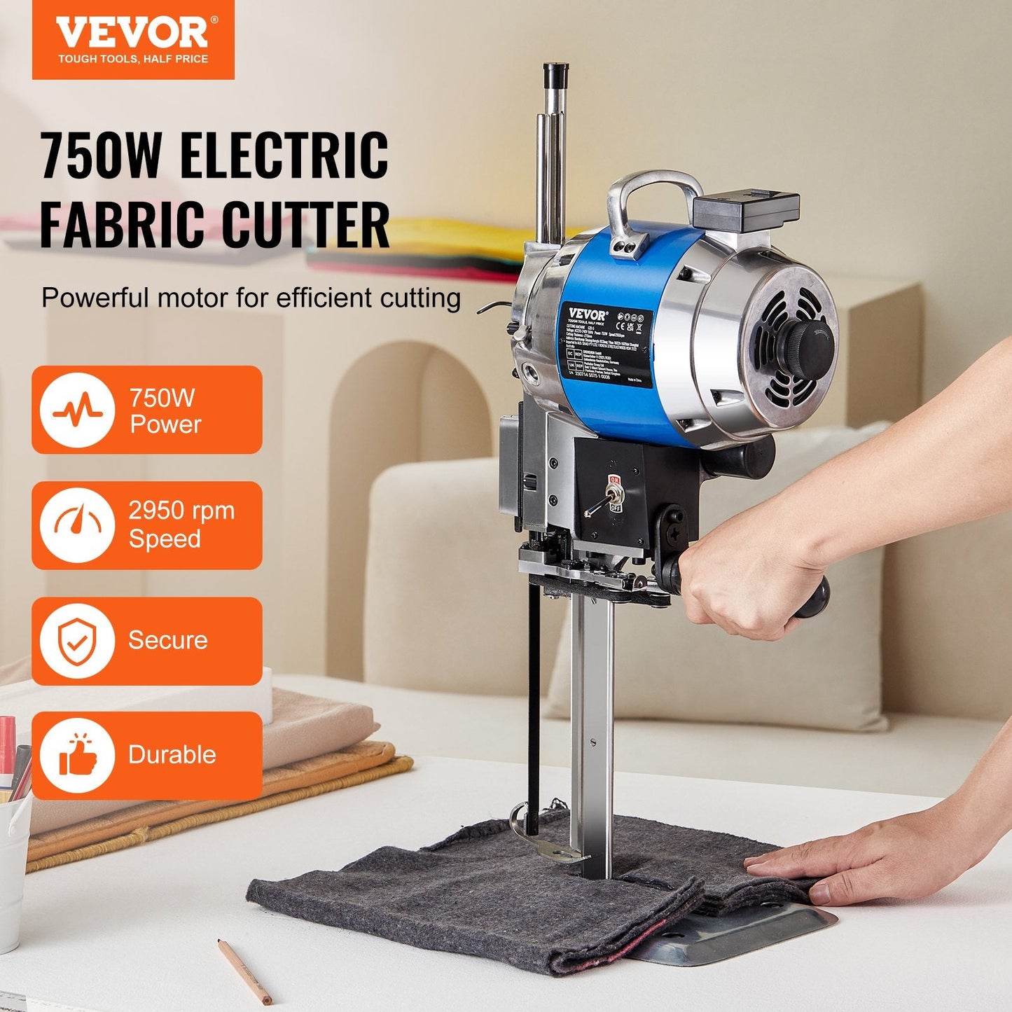 High-Speed 750W Fabric Cutter with 0.25m Blade & Auto-Sharpening System