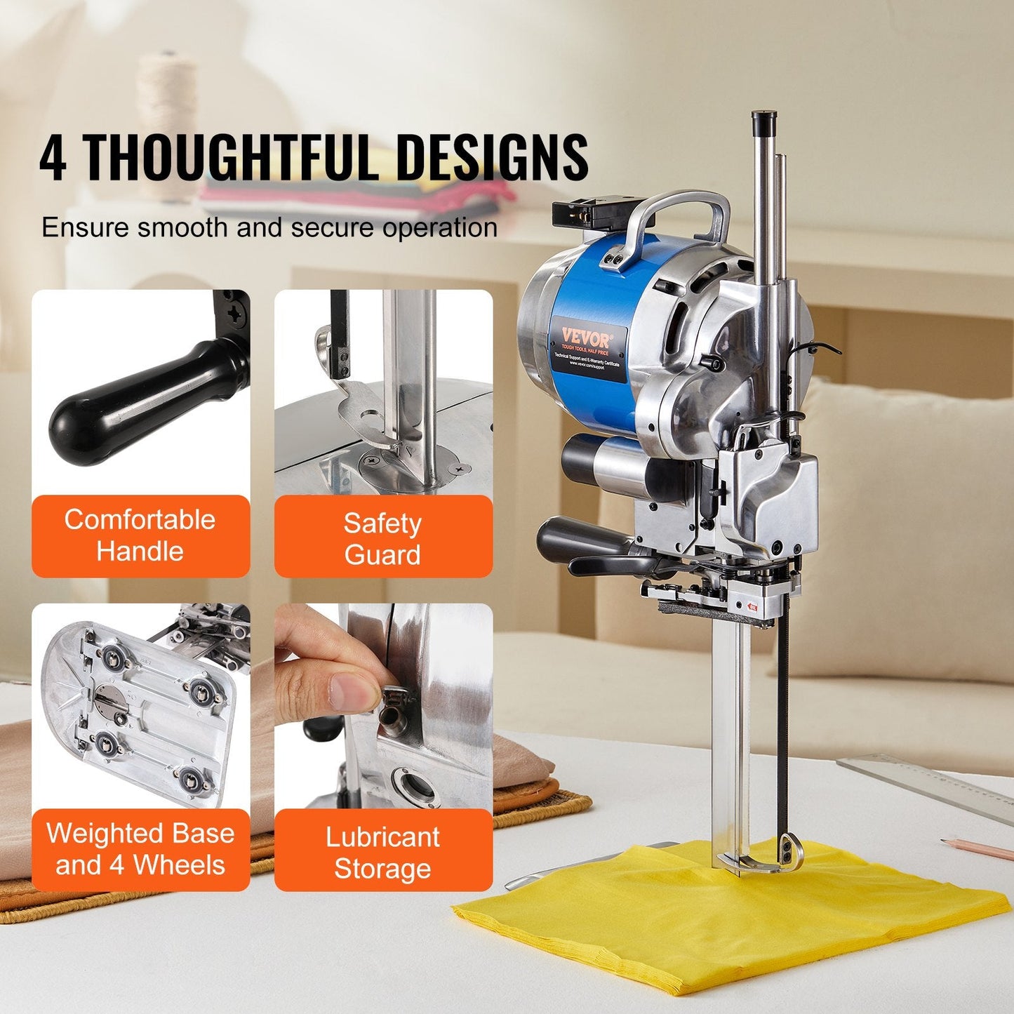 High-Speed 750W Fabric Cutter with 0.25m Blade & Auto-Sharpening System