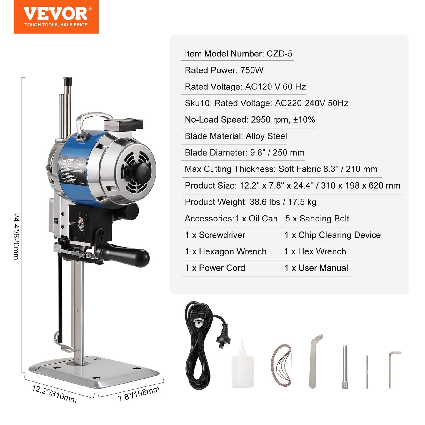 VEVOR Fabric Cutter, 750W High-Speed Straight Knife Cloth Cutting Machine, 9.8"