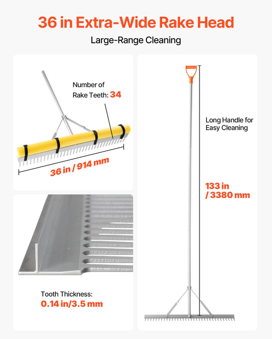 Landscape Rake, 914 mm Wide Head 3380 mm Handle, Large Heavy Duty Aluminum Landscaping Leaf Rake Tool, Asphalt Level for Loosening Soil, Garden & Yard, Pond Gravel & Beach Lawn Care, 15.8m Rope