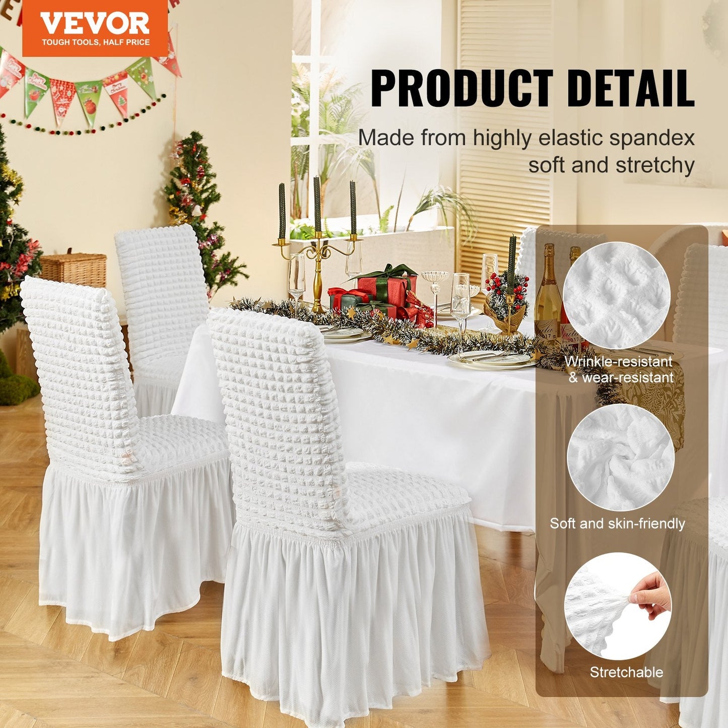 Universal Stretch Spandex Chair Covers with Skirt, White, Set of 4, 1.1 kg