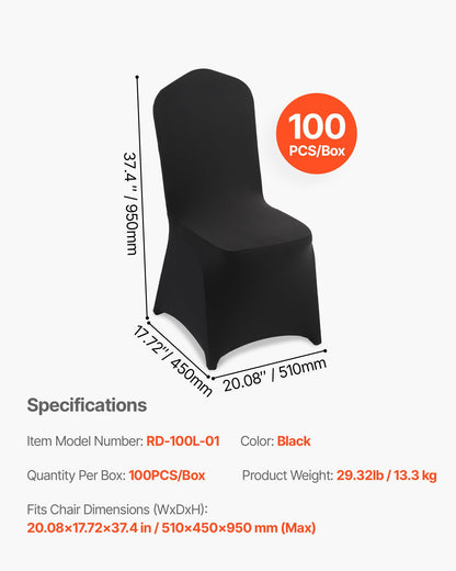 100 Pcs Black Chair Covers, Polyester Spandex Chair Cover, Stretch Slipcovers for Wedding Party Dining Banquet Flat-Front Chair Covers, Fits Chair Measures up to 20.08 x 17.72 x 37.4 inch