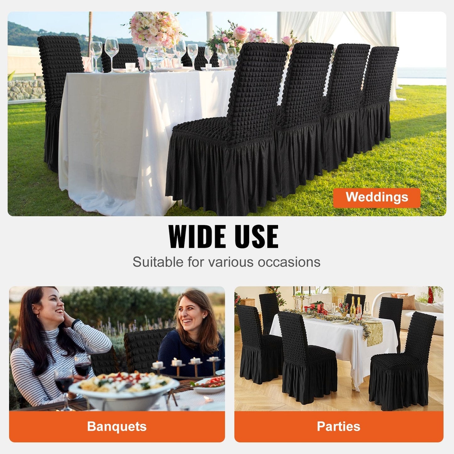 Universal Black Spandex Chair Covers with Skirt, 4-Pack for Events & Dining