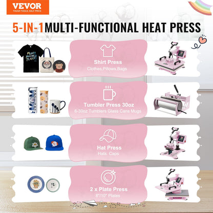 5-in-1 Heat Press Machine with Tumbler Press, 0.3 x 0.38 m, Pink