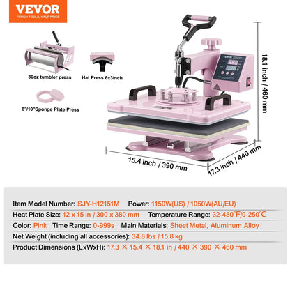 5-in-1 Heat Press Machine with Tumbler Press, 0.3 x 0.38 m, Pink
