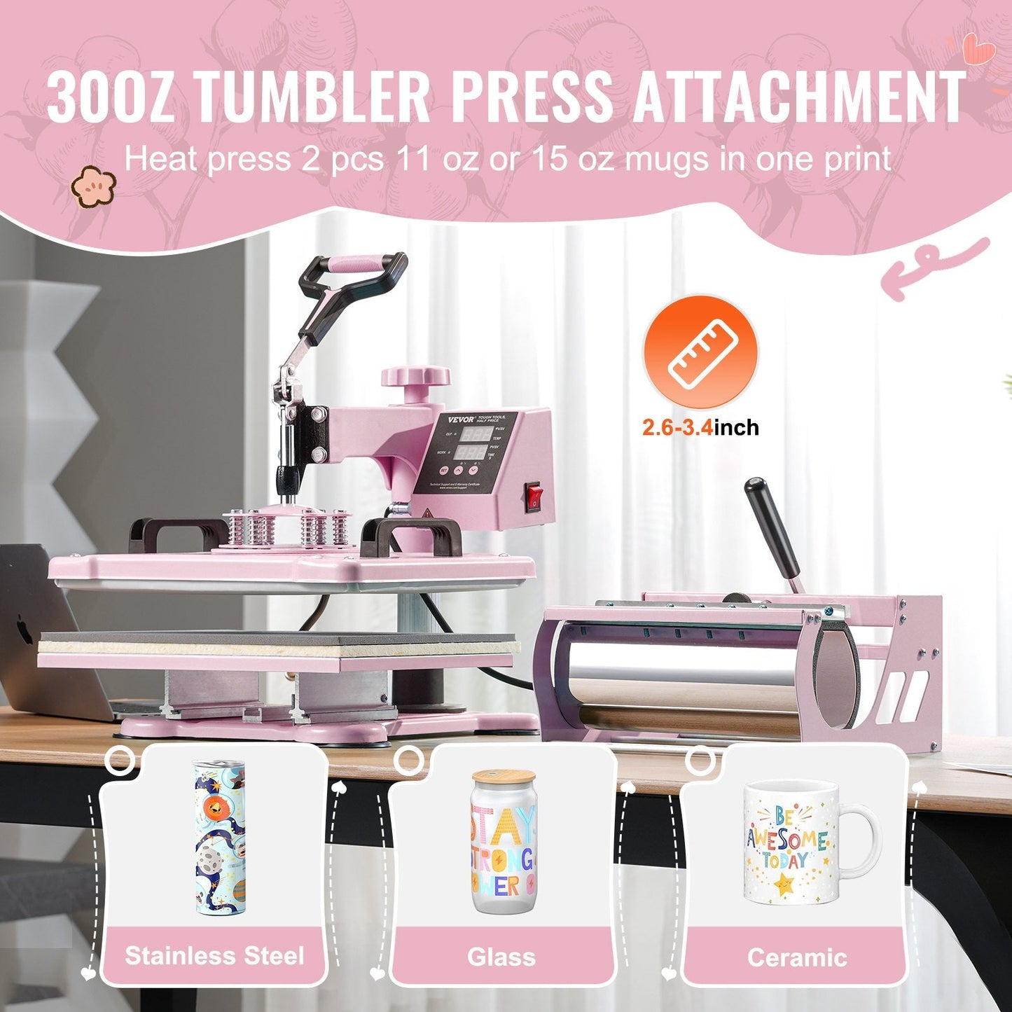 8-in-1 Heat Press Machine with 30oz Tumbler Press, 0.3x0.38m, Pink
