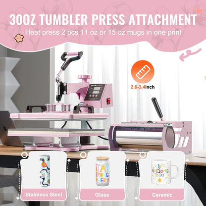 8-in-1 Heat Press Machine with 30oz Tumbler Press, 0.3x0.38m, Pink