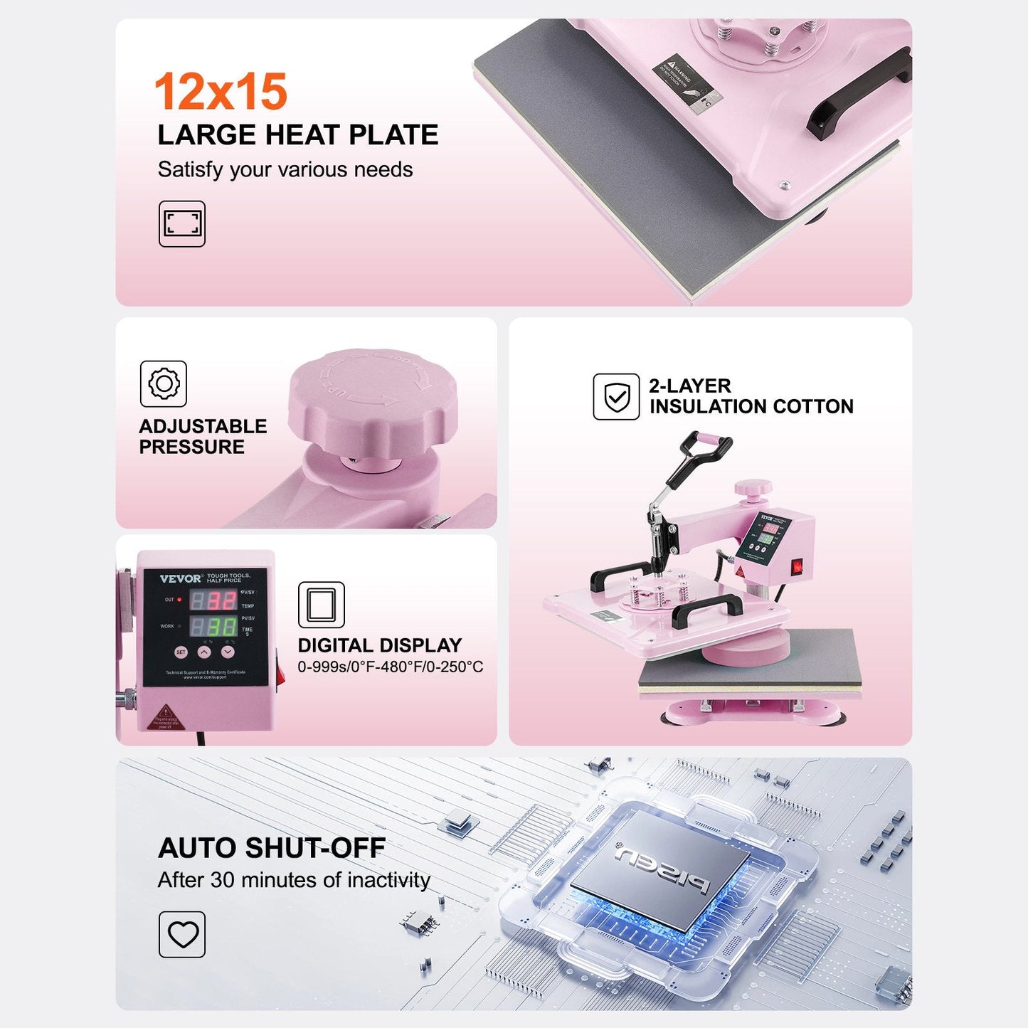 8-in-1 Heat Press Machine with 30oz Tumbler Press, 0.3x0.38m, Pink