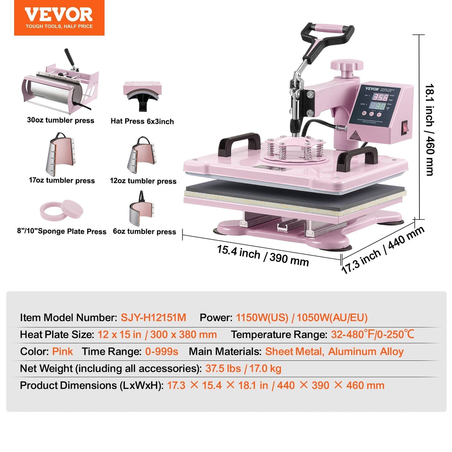 8-in-1 Heat Press Machine with 30oz Tumbler Press, 0.3x0.38m, Pink