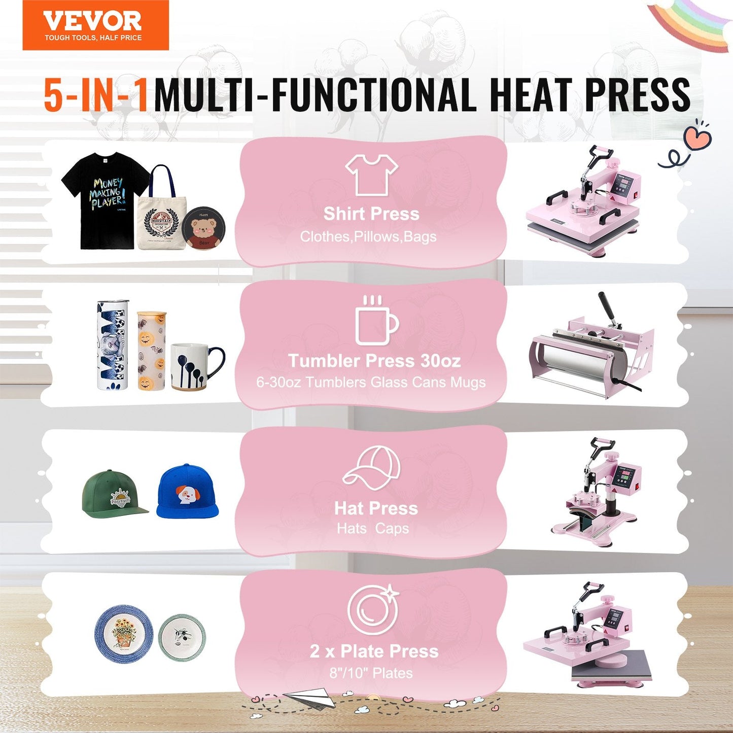 5-in-1 Pink Heat Press Machine with Tumbler Press, 0.38x0.38m Plate