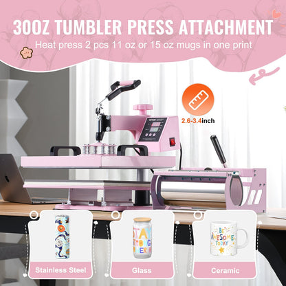 5-in-1 Pink Heat Press Machine with Tumbler Press, 0.38x0.38m Plate