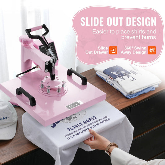 5-in-1 Pink Heat Press Machine with Tumbler Press, 0.38x0.38m Plate