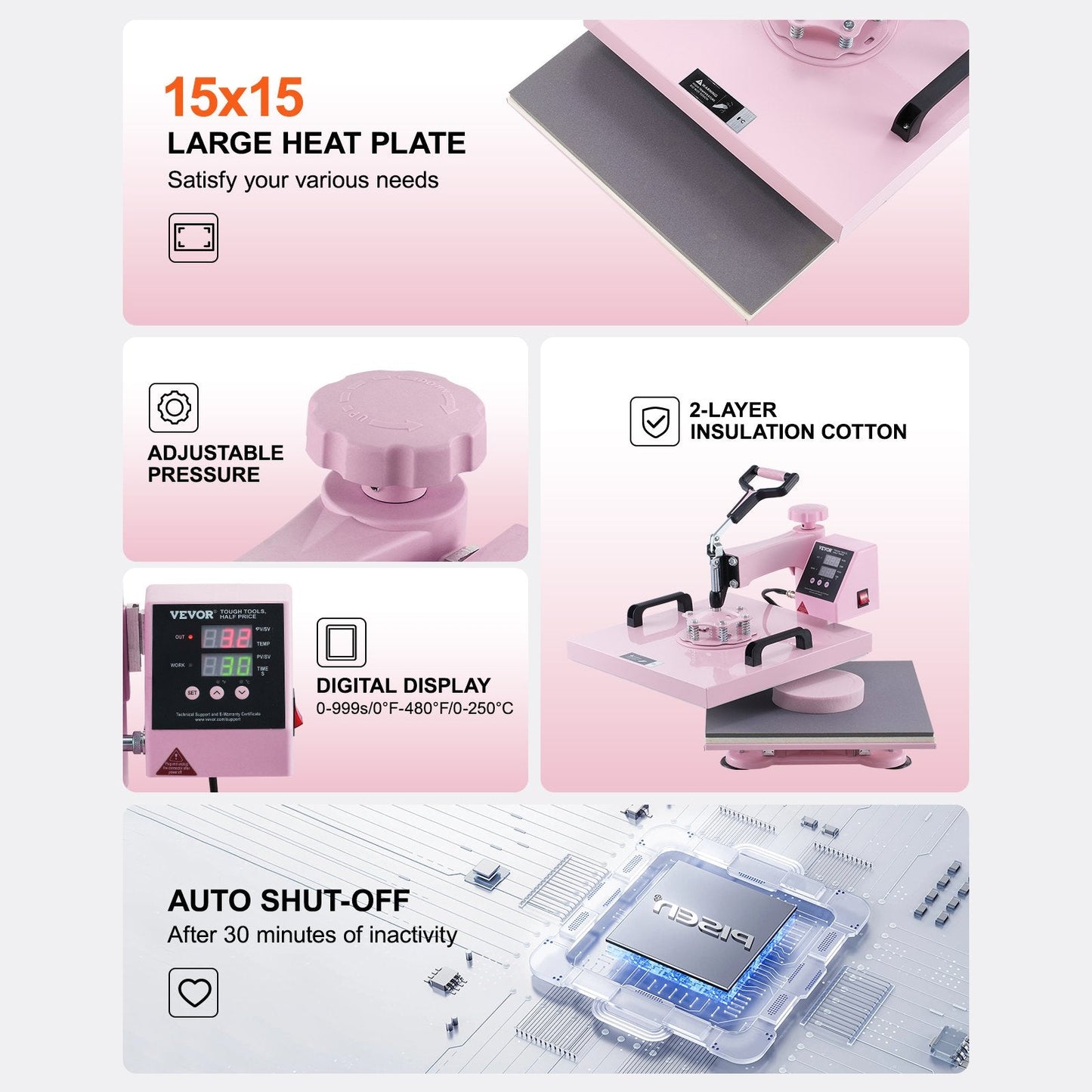 5-in-1 Pink Heat Press Machine with Tumbler Press, 0.38x0.38m Plate