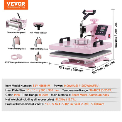 Multifunctional Pink Heat Press Machine 0.38x0.38m with Tumbler Press 18.7kg