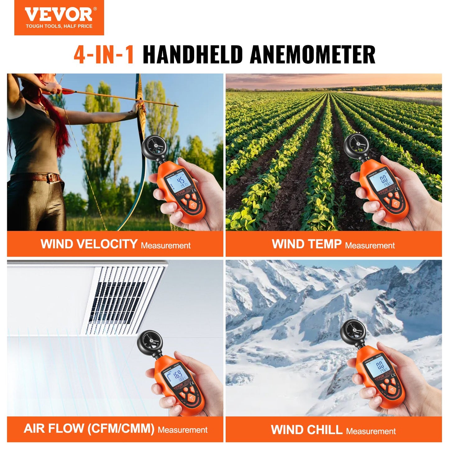 VEVOR Handheld Anemometer, -10℃ to 45℃, Digital Wind Speed Meter Gauge with LED