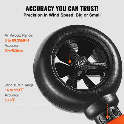 VEVOR Handheld Anemometer, -10℃ to 45℃, Digital Wind Speed Meter Gauge with LED