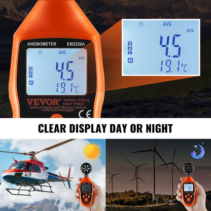 VEVOR Handheld Anemometer, -10℃ to 45℃, Digital Wind Speed Meter Gauge with LED