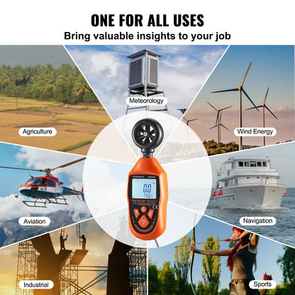 VEVOR Handheld Anemometer, -10℃ to 45℃, Digital Wind Speed Meter Gauge with LED