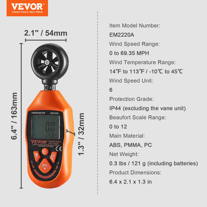 VEVOR Handheld Anemometer, -10℃ to 45℃, Digital Wind Speed Meter Gauge with LED